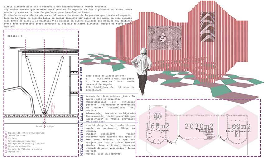 Plano arquitectónico que muestra un diseño creativo y contemporáneo con detalles estructurales y artísticos.