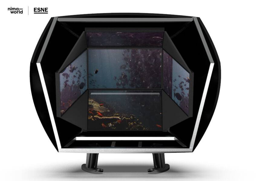 Se presenta un objeto que parece ser un acuario moderno con un diseño futurista y varias pantallas que muestran paisajes acuáticos.