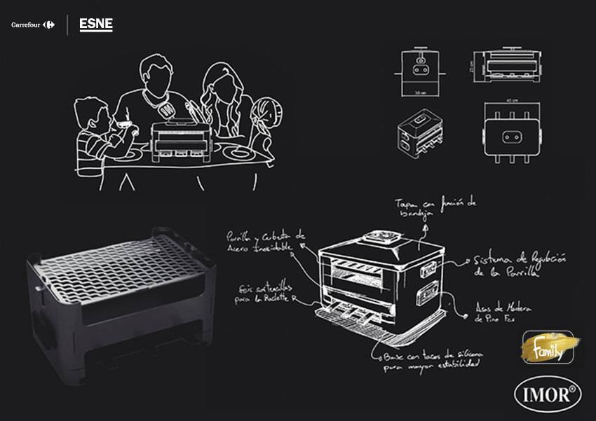 Una ilustración que muestra un dispositivo de cocina con instrucciones y un diseño esquemático, junto a una familia disfrutando de una comida.