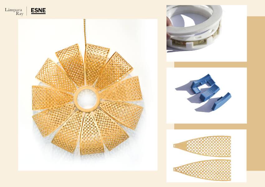 Una lámpara elegante con diseño en forma de flor y detalles en color dorado.