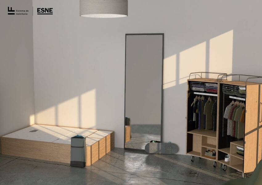 Una habitación minimalista con una cama, un espejo y un armario con ropa.
