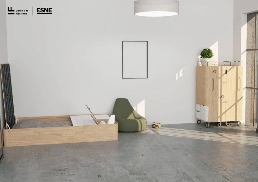 Una habitación moderna y minimalista con una cama de madera, un sillón verde y un mueble de almacenamiento.