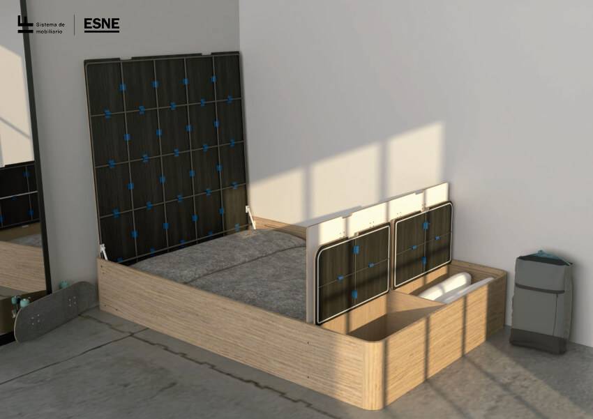 Una cama moderna con un diseño innovador y almacenamiento integrado.