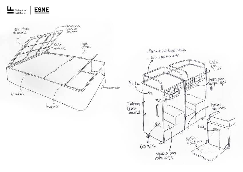 Esquema de un mueble multifuncional que incluye un colchón y espacio de almacenamiento.