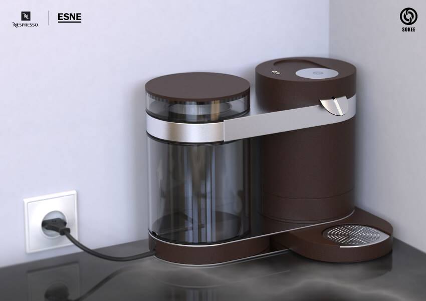 Una moderna cafetera de color marrón con un diseño elegante y minimalista.