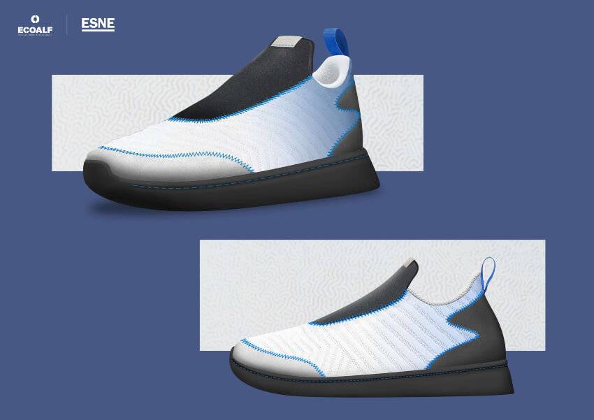 La imagen muestra un diseño de zapatillas modernas en tonos azul y blanco.