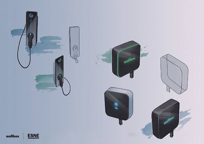 La imagen muestra varios modelos de cargadores para vehículos eléctricos de la marca Wallbox.