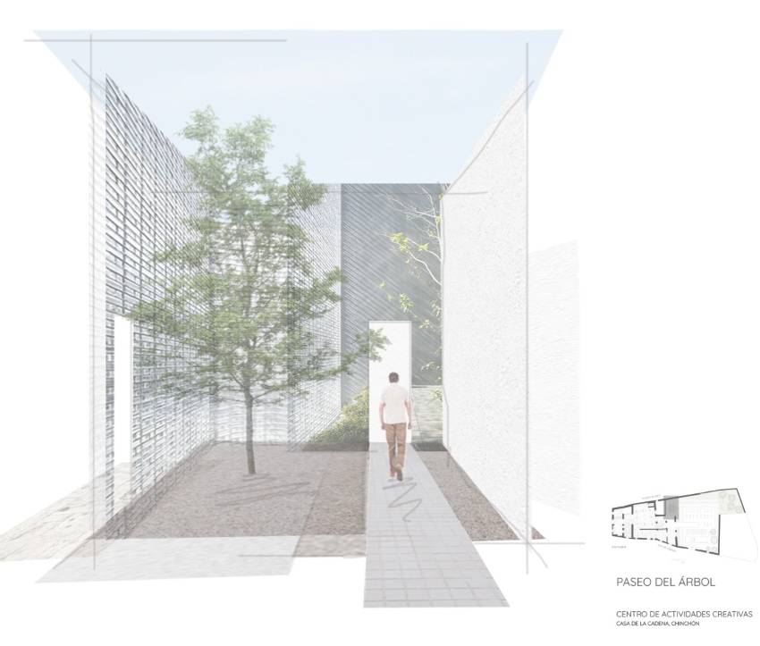 Imagen de un paseo arquitectónico con un árbol en el centro y una persona caminando por un sendero.