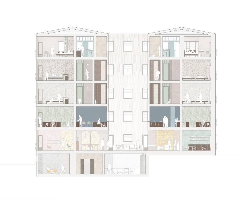 Sección arquitectónica de un edificio que muestra la distribución de los espacios interiores y la interacción entre los habitantes.