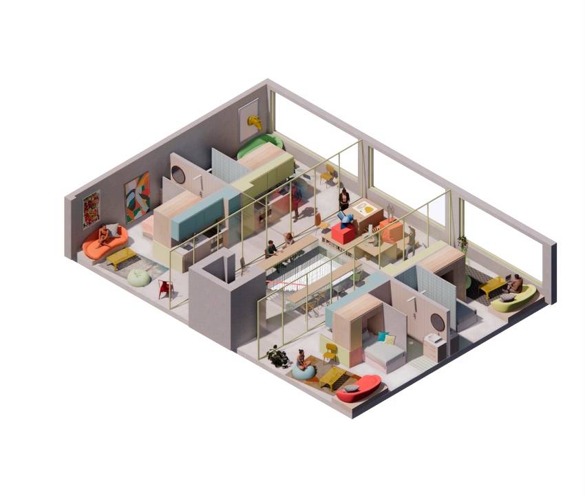 Una representación isométrica de un moderno apartamento con diferentes espacios funcionales.