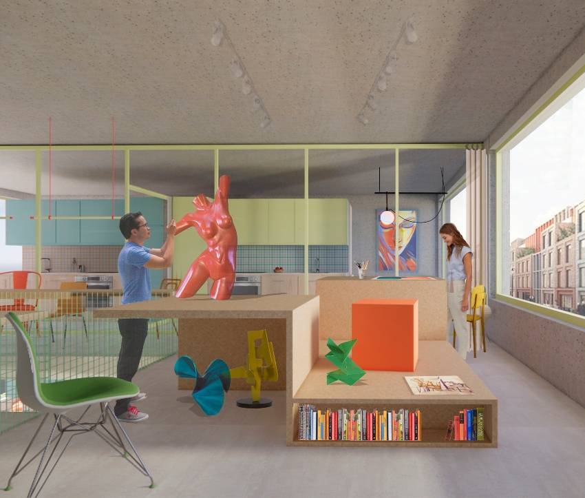 Un espacio moderno y creativo con una escultura colorida y personas interactuando en un ambiente luminoso.