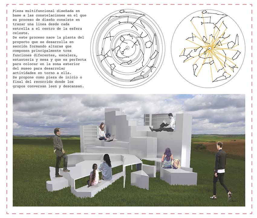 Diseño de una pieza multifuncional en un espacio exterior que fomenta la interacción grupal y la creatividad.