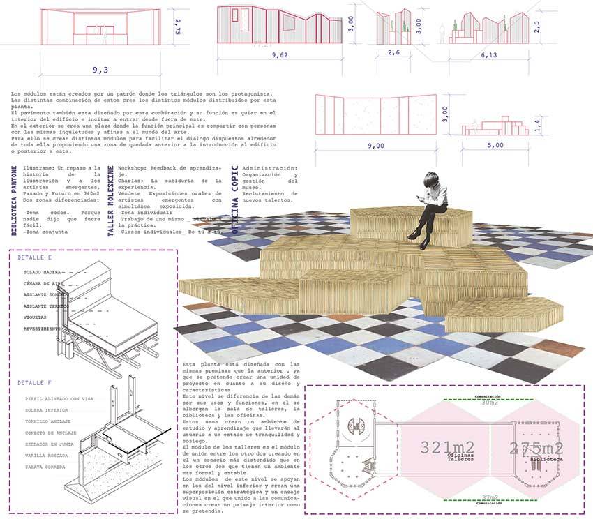 La imagen presenta un diseño arquitectónico con planos, detalles y un modelo de estructura modular en un espacio colorido.