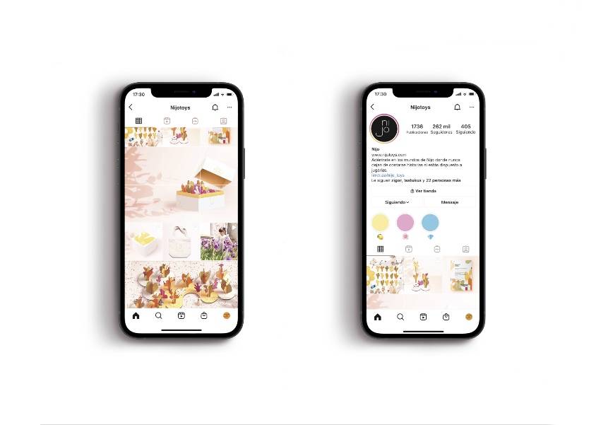 Dos teléfonos móviles mostrando una interfaz de Instagram con contenido decorativo y un perfil.