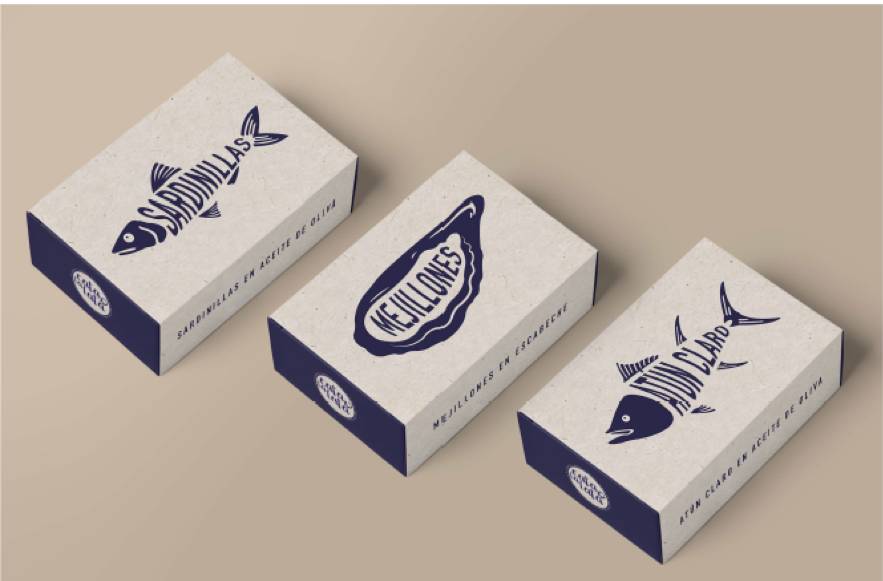 Tres cajas de productos en diseño minimalista con ilustraciones de pescado y etiquetas en color oscuro.