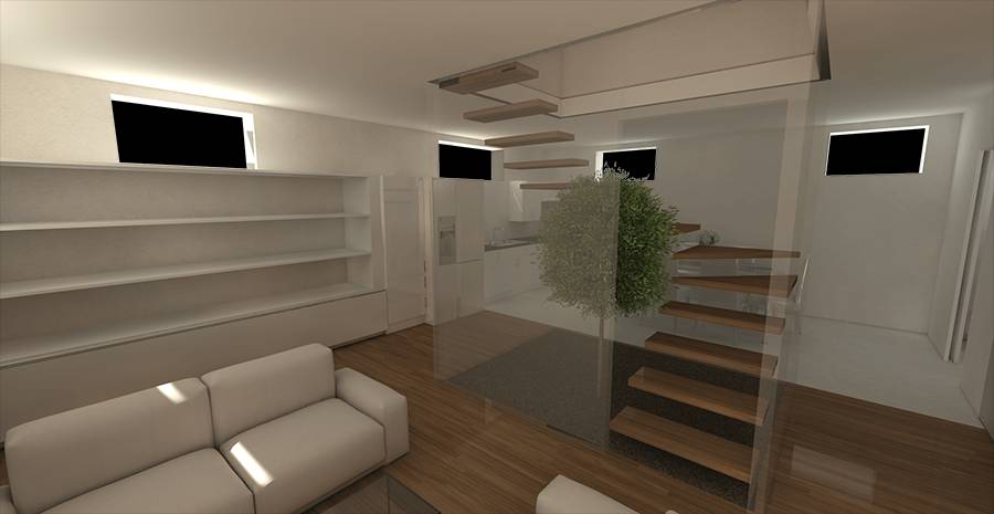 Interior moderno de una casa con escaleras de madera y una planta decorativa.