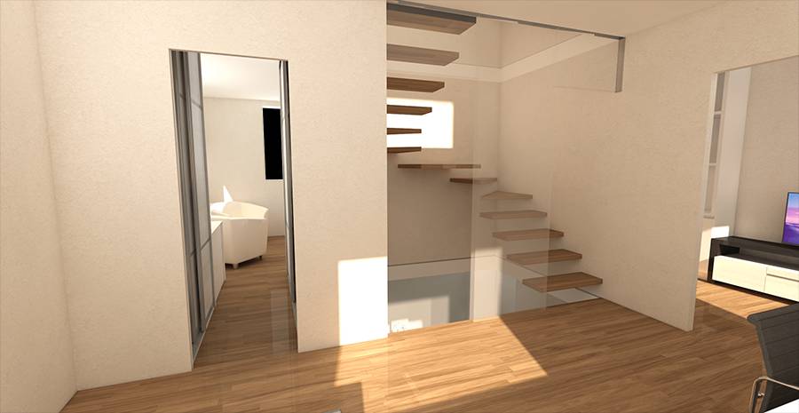 Una moderna escalera de madera en un interior minimalista con luz natural.