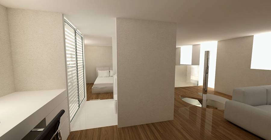 Una habitación moderna con paredes claras y un diseño minimalista.