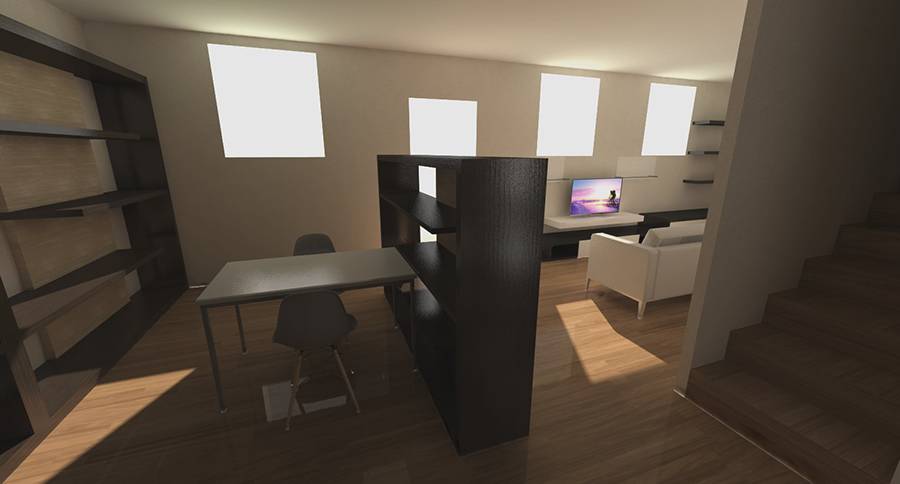 Una sala moderna con un escritorio, sillas y un televisor en un ambiente iluminado.
