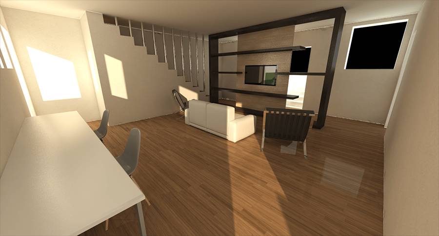 Un interior moderno con una sala de estar bien iluminada y muebles elegantes.