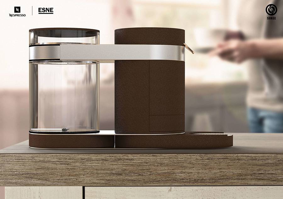 Una cafetera moderna de diseño elegante sobre una mesa.