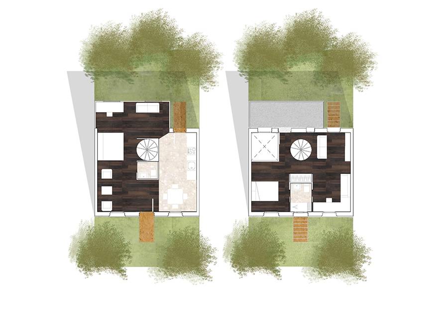 Plano arquitectónico que muestra dos diseños de interiores de casas desde una vista superior.