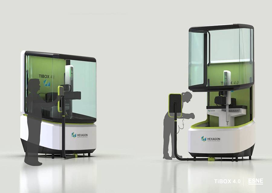 La imagen muestra un diseño moderno de una máquina llamada TIBOX 4.0, que incluye dos estaciones de trabajo con un diseño innovador y funcional.