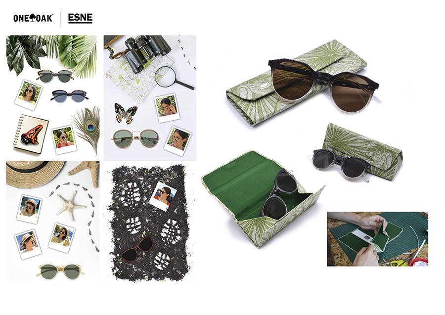La imagen muestra diferentes modelos de gafas de sol acompañados de elementos decorativos como hojas, fotografías y accesorios.