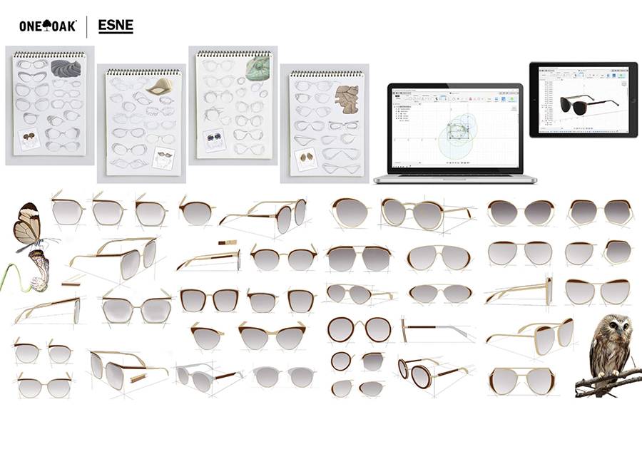 Una colección de gafas de sol en diferentes estilos y diseños, acompañadas de bocetos y un ordenador con un diseño digital.