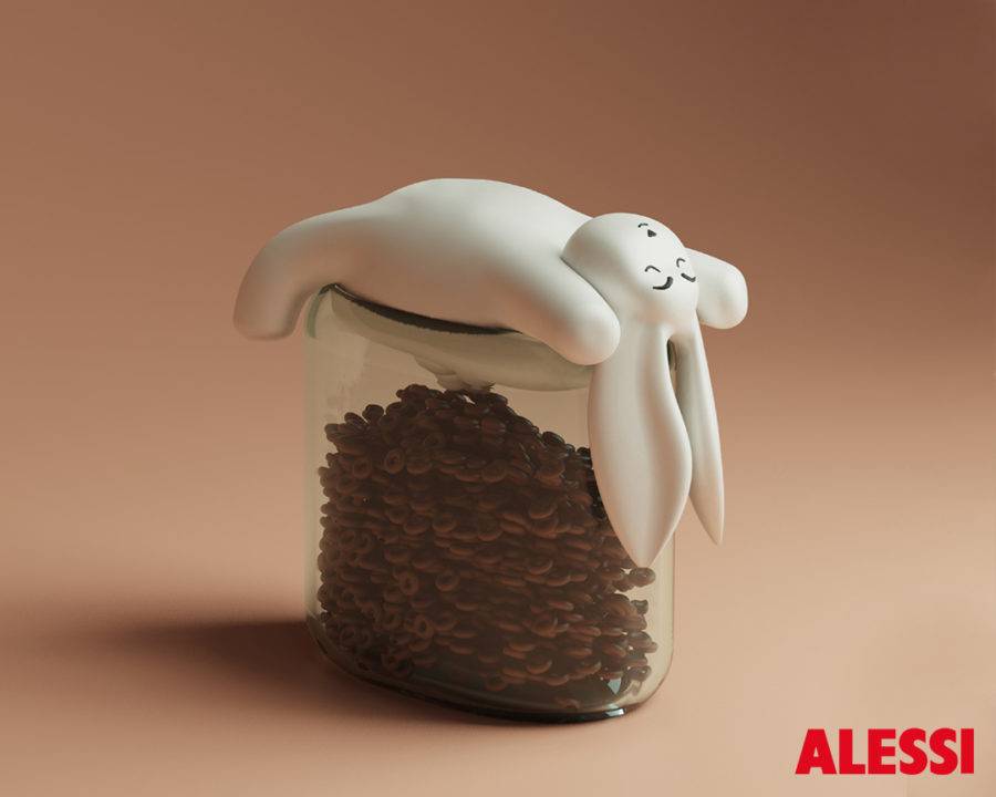 Un tarro de vidrio con forma de conejo decorativo que descansa sobre él y contiene cereales en su interior.