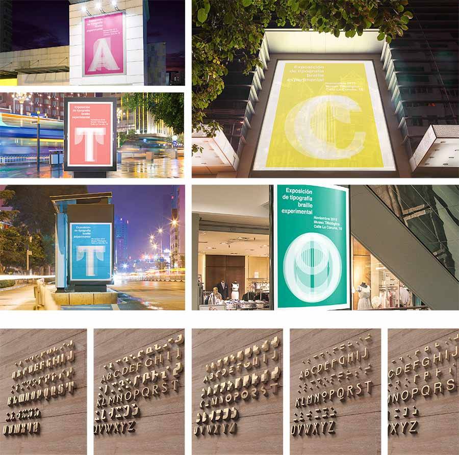 La imagen muestra diversas carteleras con letras y un anuncio de una exposición de tipografía.
