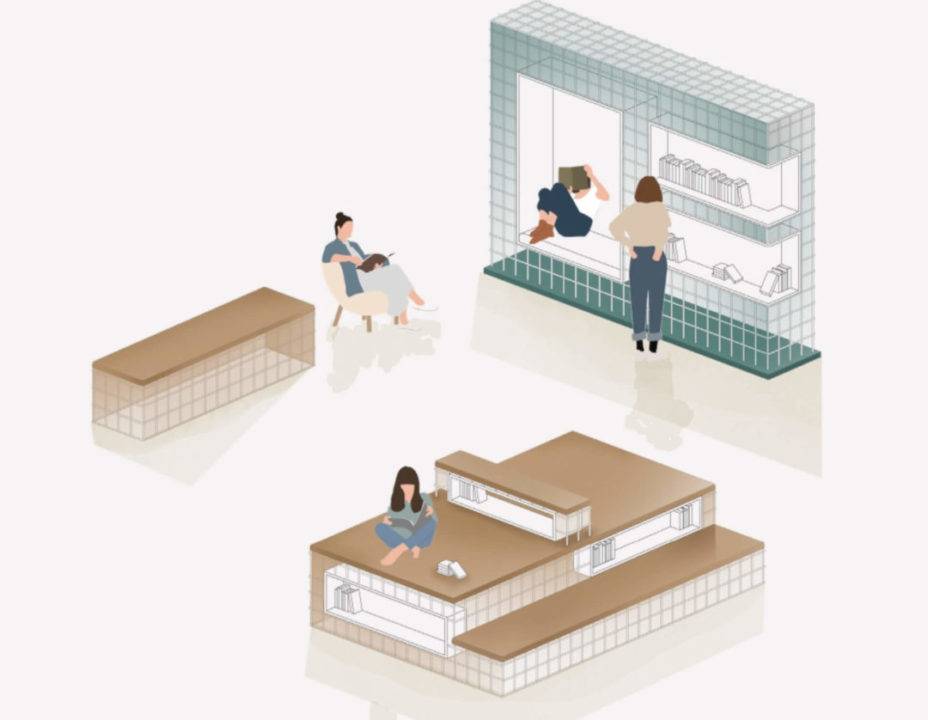 Una ilustración que muestra un espacio moderno con varias personas interactuando en diferentes áreas de lectura y estudio.