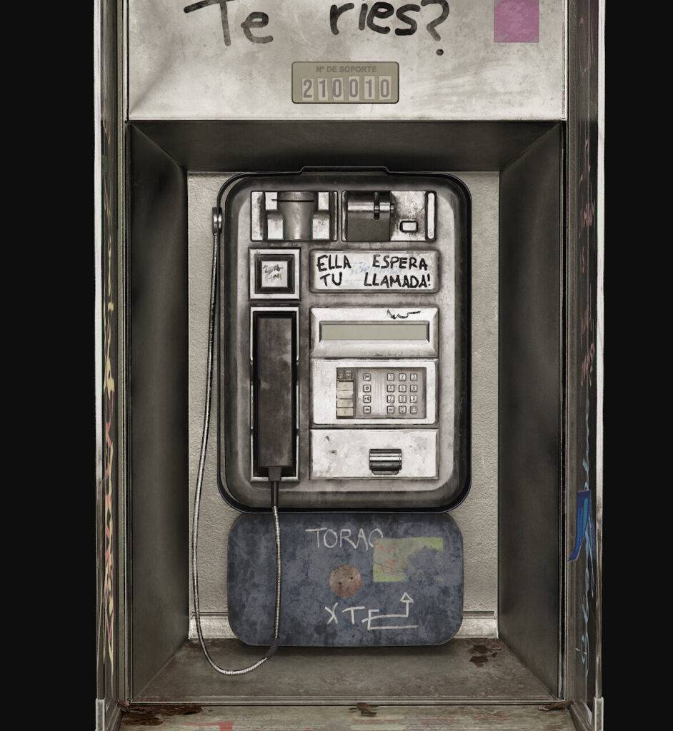 Una cabina telefónica con un mensaje que dice 'Ella espera tu llamada!' y una pregunta escrita en la parte superior.