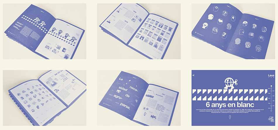 Una serie de páginas de un libro o catálogo con fondo azul, que presenta diferentes gráficos e ilustraciones.