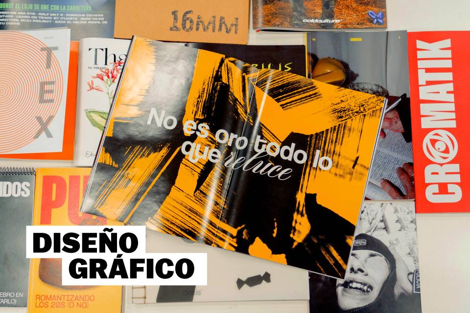 La imagen muestra una serie de revistas y material gráfico con un enfoque en diseño gráfico.