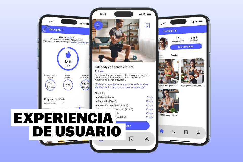 La imagen muestra capturas de pantalla de una aplicación de entrenamiento físico con estadísticas y ejercicios.