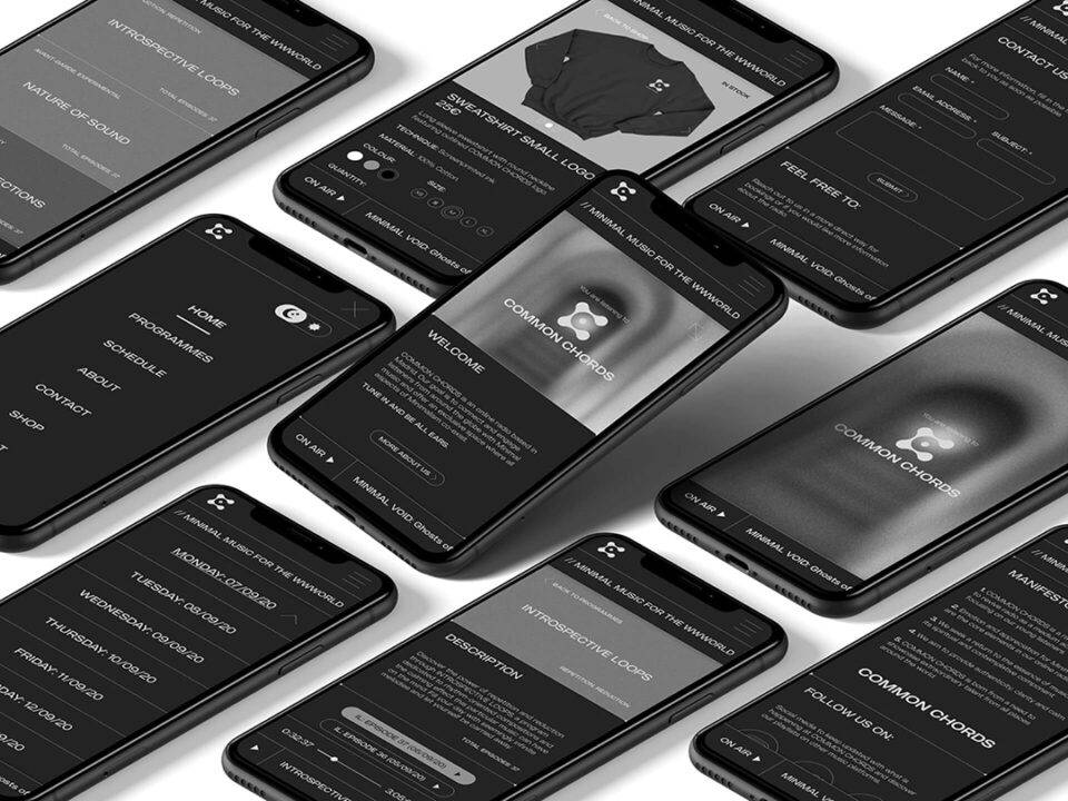 La imagen muestra varios teléfonos móviles mostrando la misma interfaz de una aplicación en un fondo oscuro.