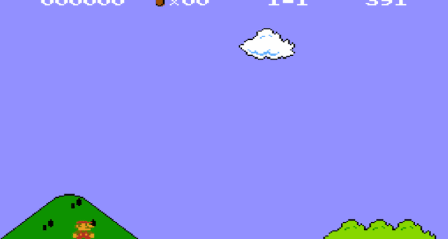 Un personaje de videojuego en un entorno digital con colinas y un cielo azul.