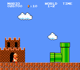 Un personaje icónico de un videojuego clásico aparece saliendo de un castillo en un paisaje colorido.