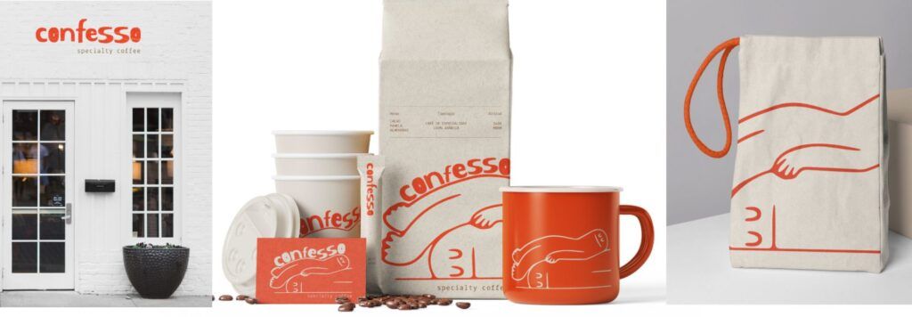 Un establecimiento de café con una presentación de productos y branding coloridos.