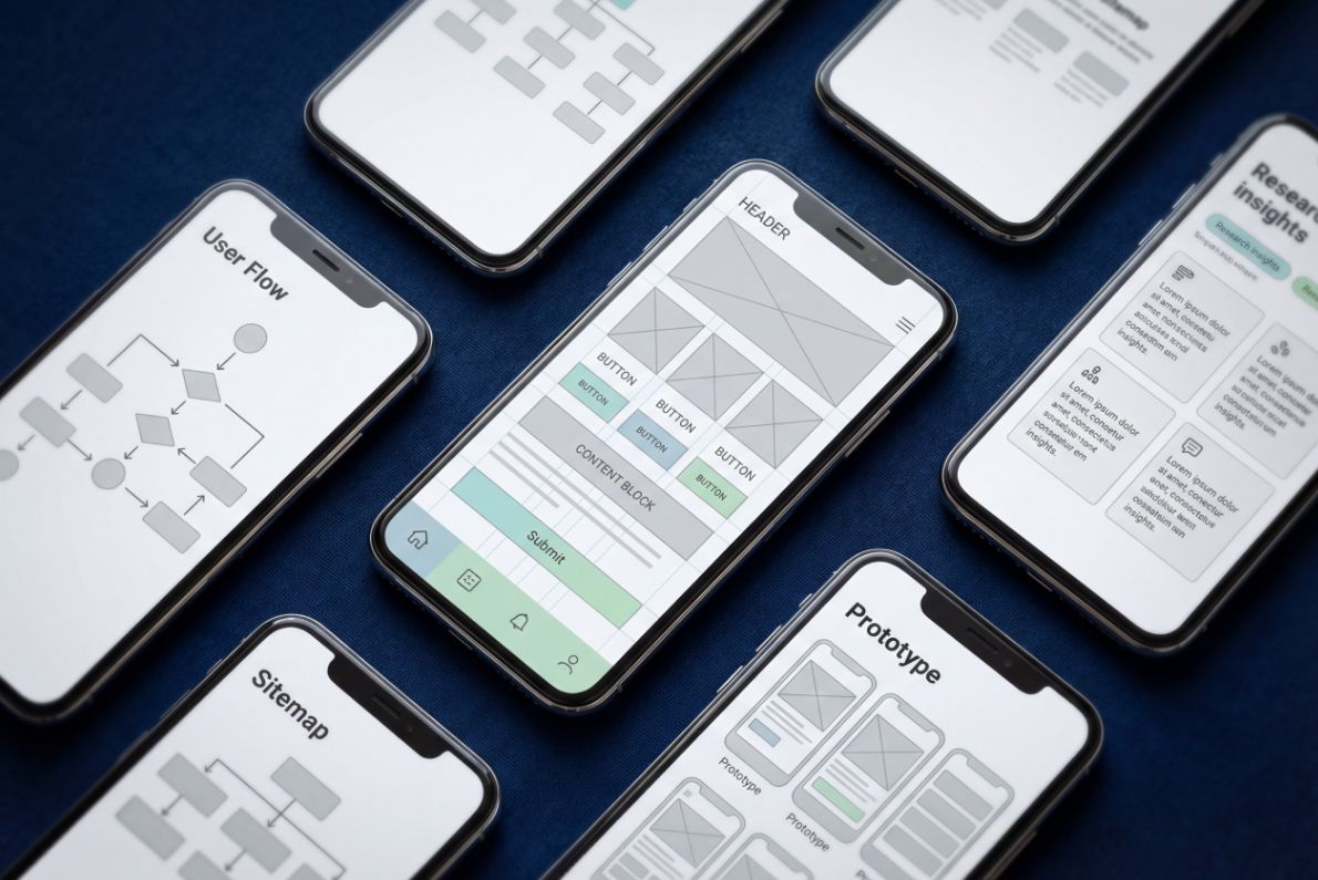 La imagen muestra varios teléfonos móviles con diseños de prototipos y flujos de usuario en pantalla.