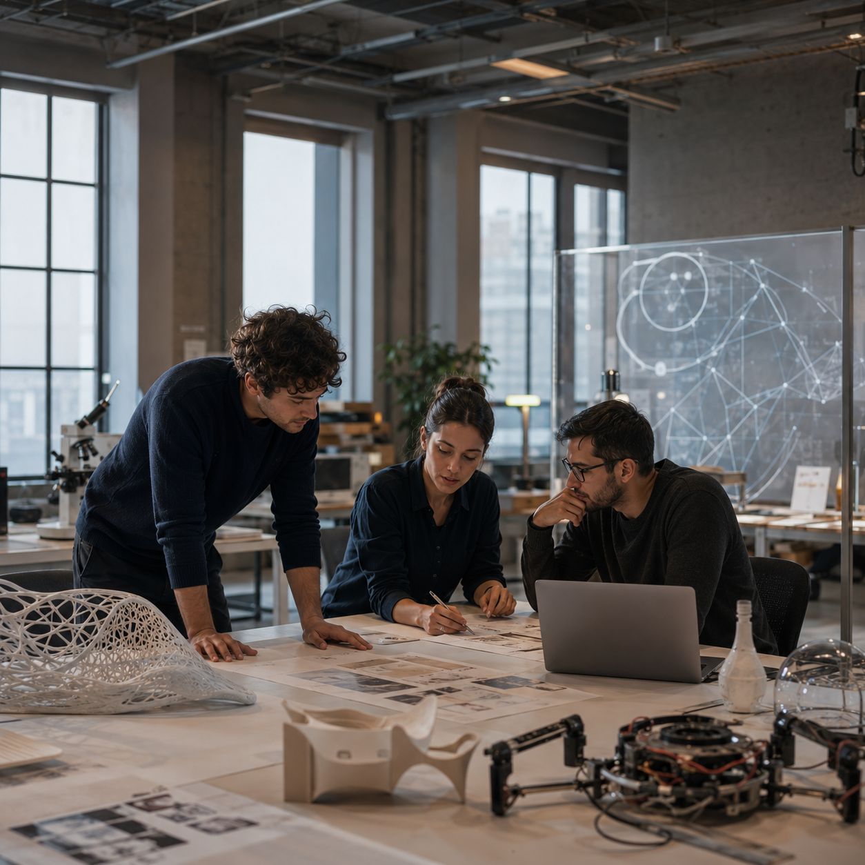 Un grupo de tres personas colabora en un ambiente de oficina moderno, revisando documentos y utilizando dispositivos tecnológicos.