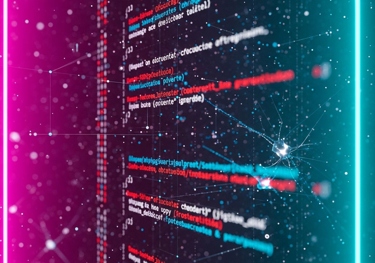 La imagen muestra un fondo de código de programación con elementos visuales de tecnología y efectos de luz.