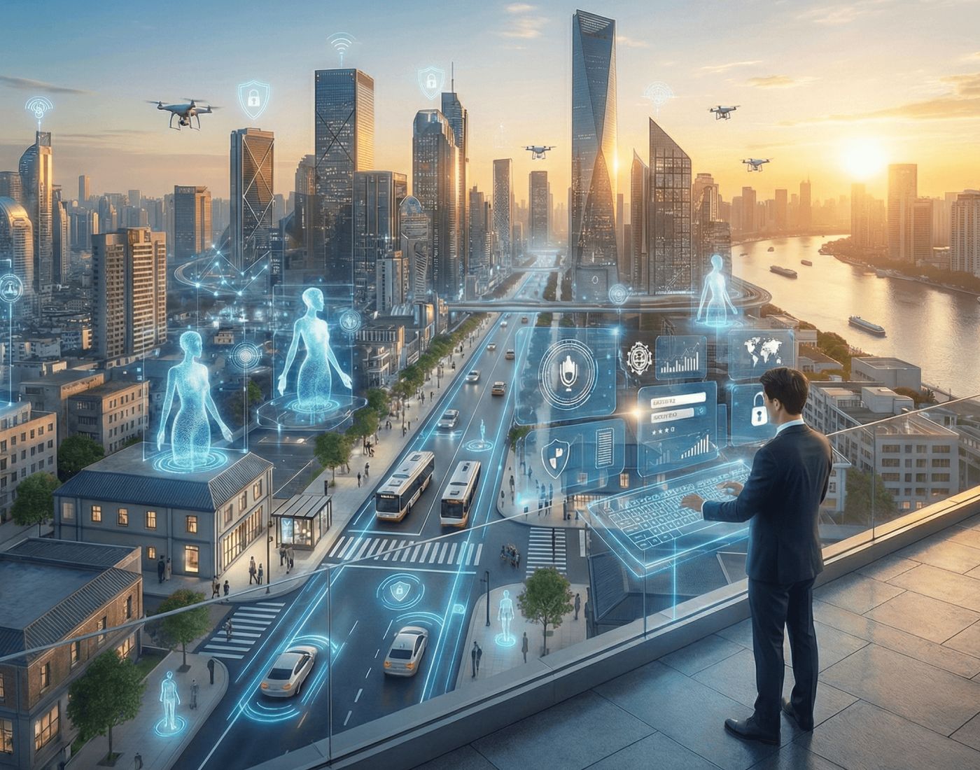 Una escena futurista de una ciudad con tecnología avanzada, incluyendo drones y hologramas, bajo un atardecer.