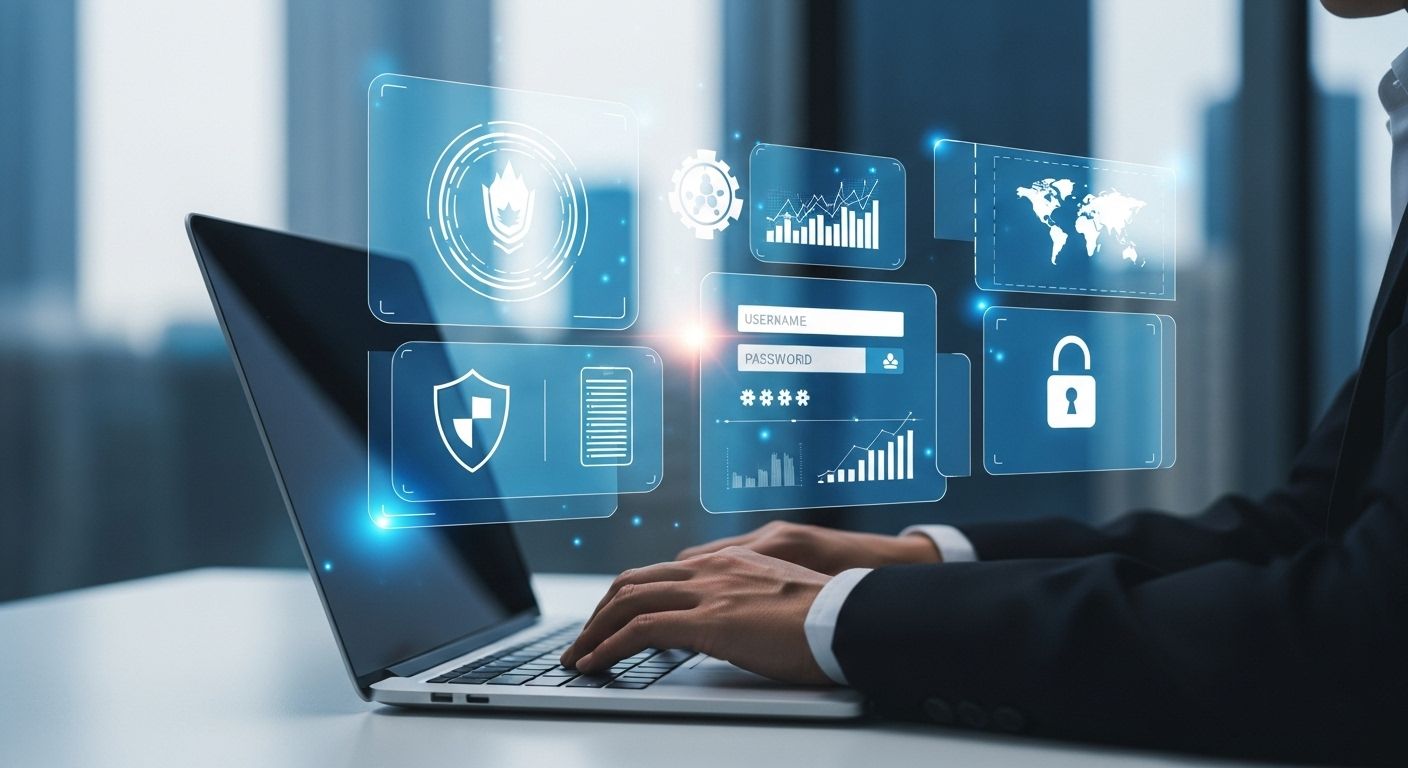 Una persona está utilizando una laptop mientras interactúa con gráficos digitales y elementos de seguridad cibernética en un entorno moderno.