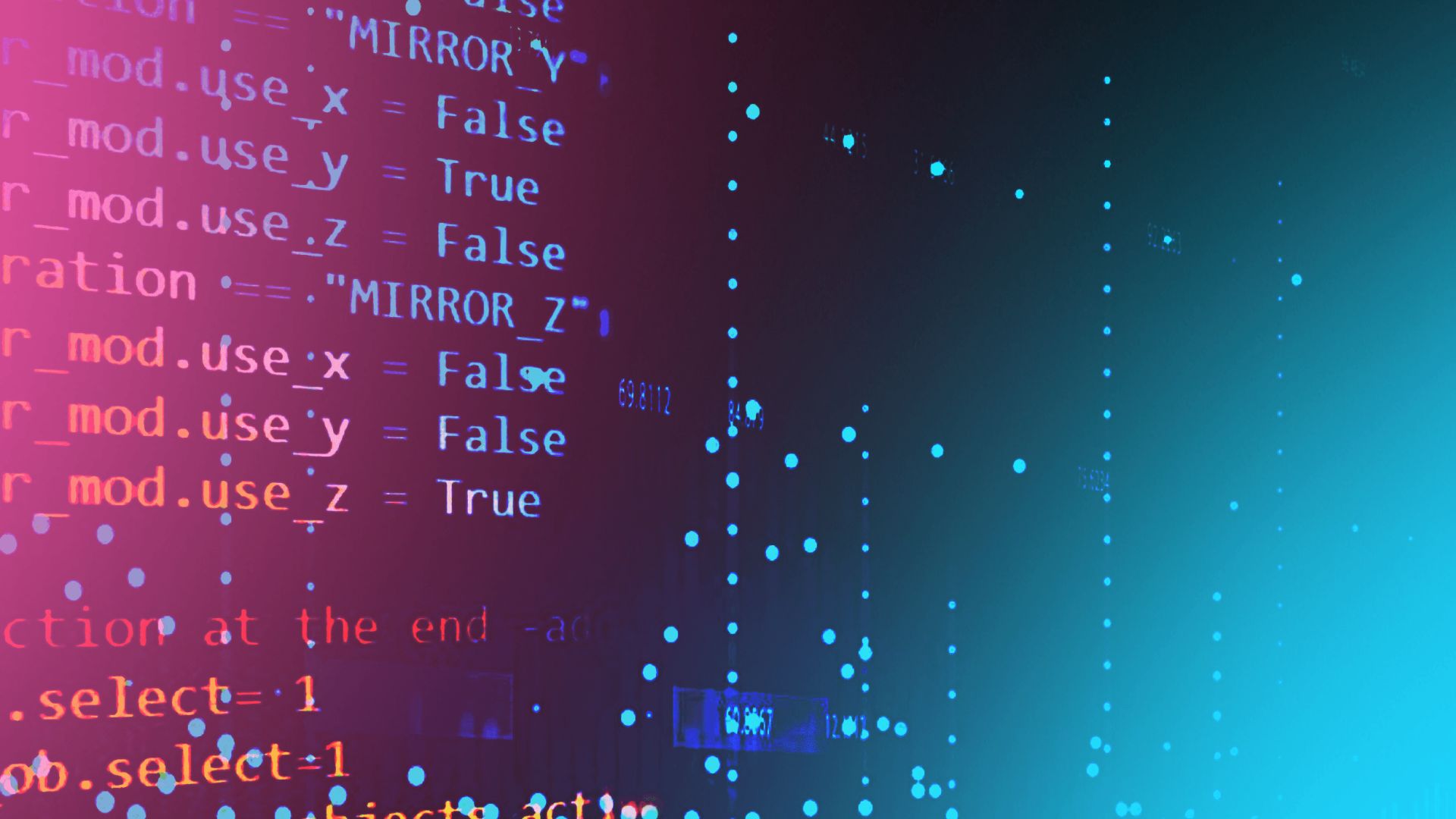 La imagen muestra un fondo abstracto con código y partículas digitales en colores vibrantes.