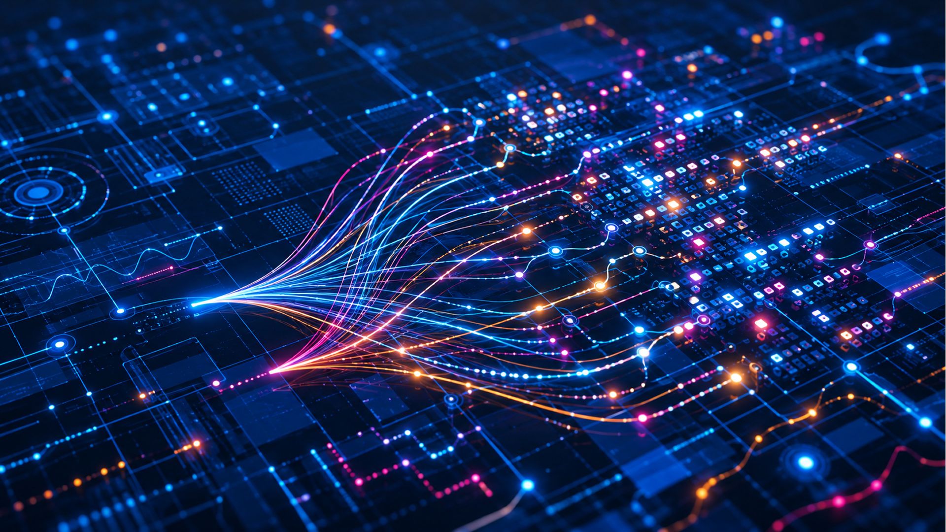 Una representación visual de circuitos y flujos de datos en un entorno digital iluminado por colores brillantes.