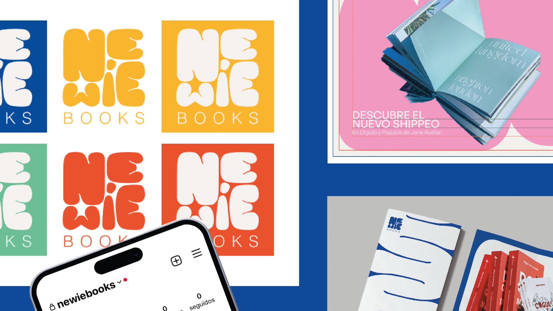 La imagen muestra una colección de diseños de portadas de libros y un teléfono móvil con una aplicación de libros.