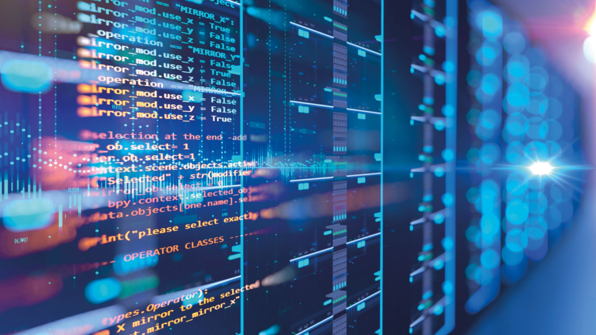 Imagen que muestra líneas de código y datos en un entorno digital con luces azules.