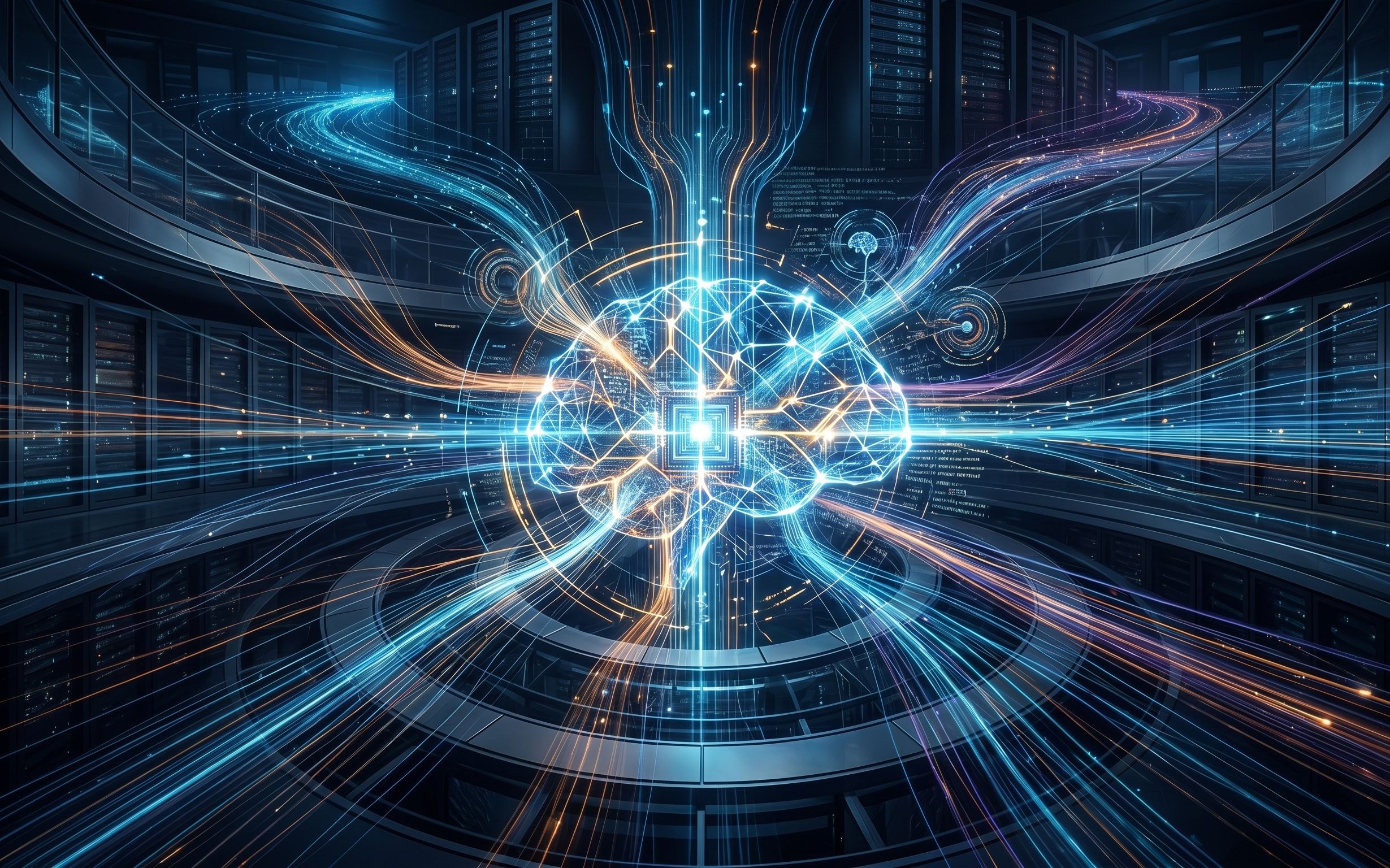 Una representación visual estilizada de un cerebro con luces y conexiones que simbolizan la inteligencia artificial y el procesamiento de datos.